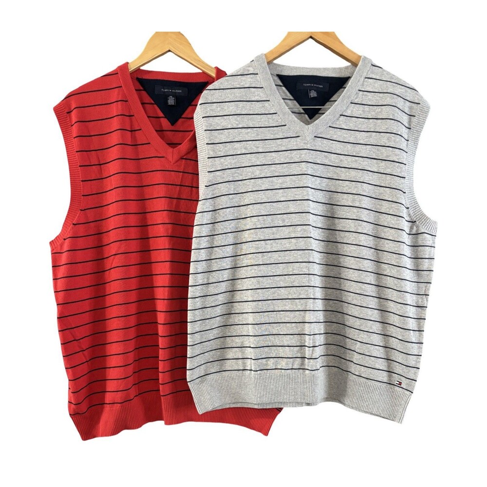 Tommy Hilfiger Gray & Red Striped 100% Cotton V-Neck Sweater Vest 2XL Lot Of 2